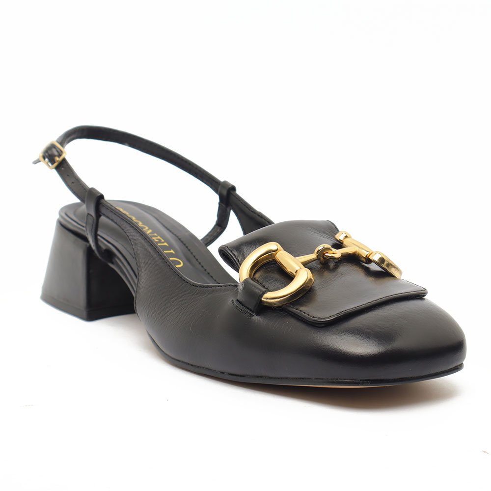 Scarpin Cecconello Couro Salto Bloco Baixo Fivela Preto 2