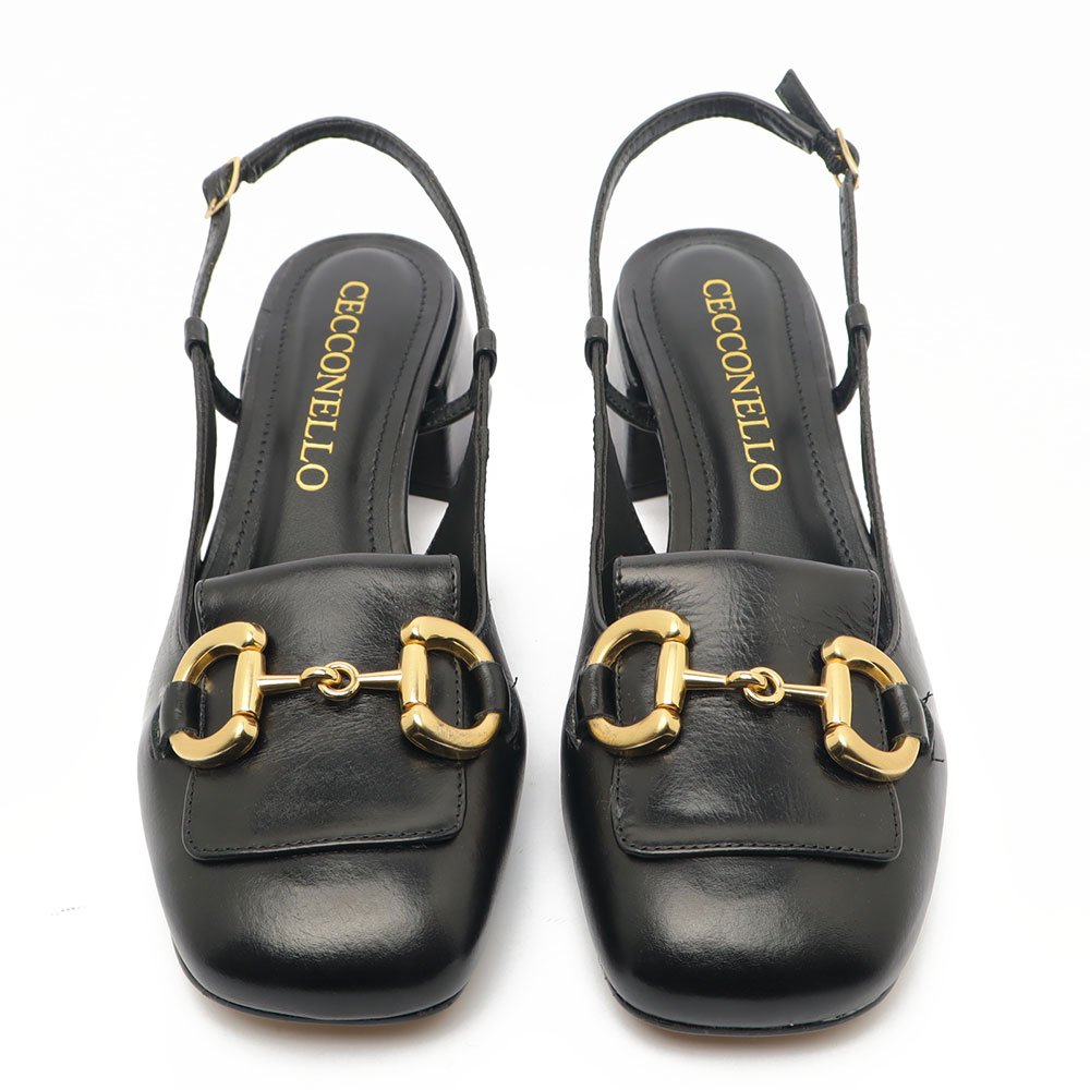 Scarpin Cecconello Couro Salto Bloco Baixo Fivela Preto 5
