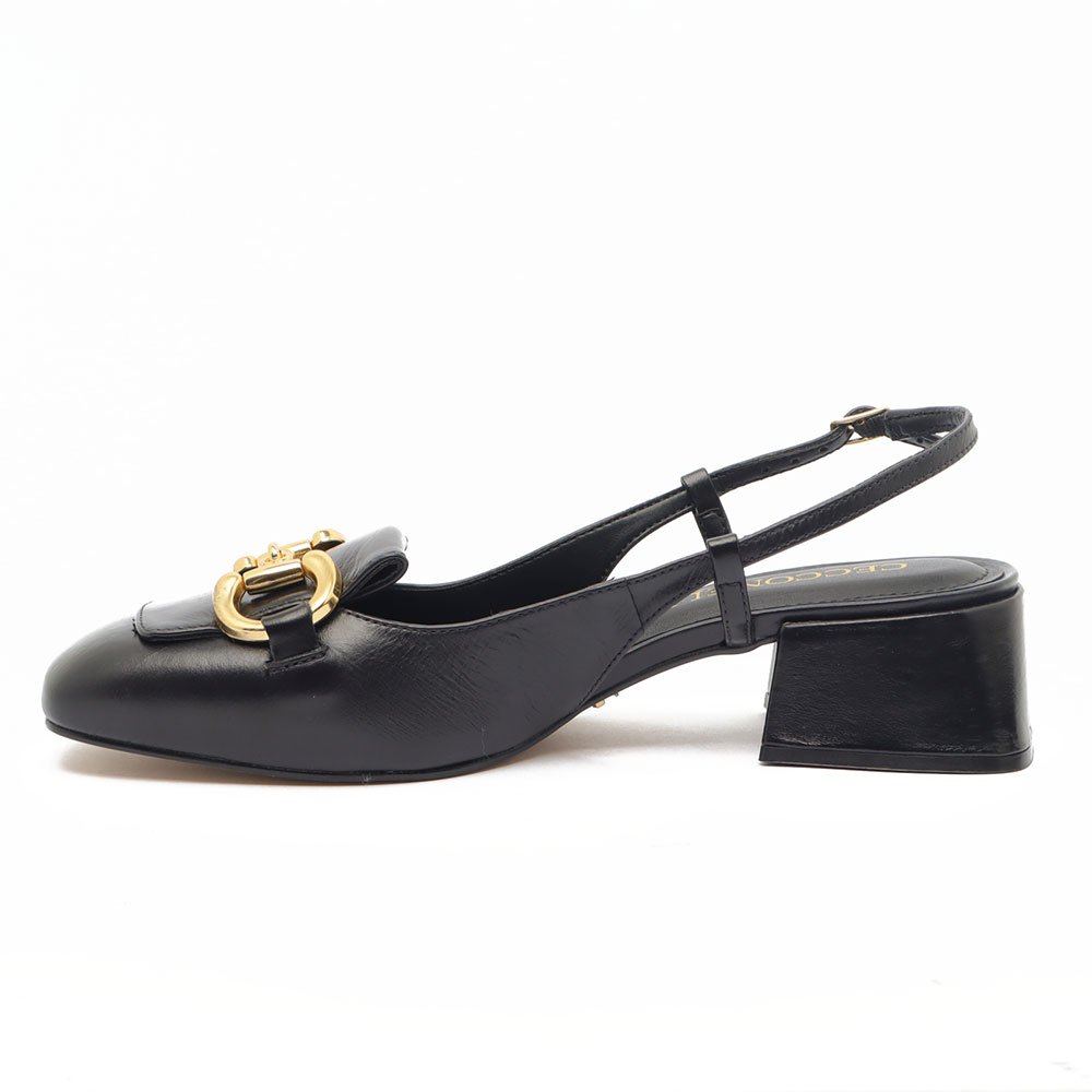 Scarpin Cecconello Couro Salto Bloco Baixo Fivela Preto 6