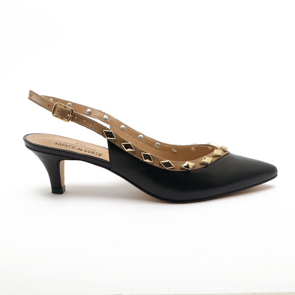 Slingback Sapato Da Corte Couro Salto Fino Baixo Tachas