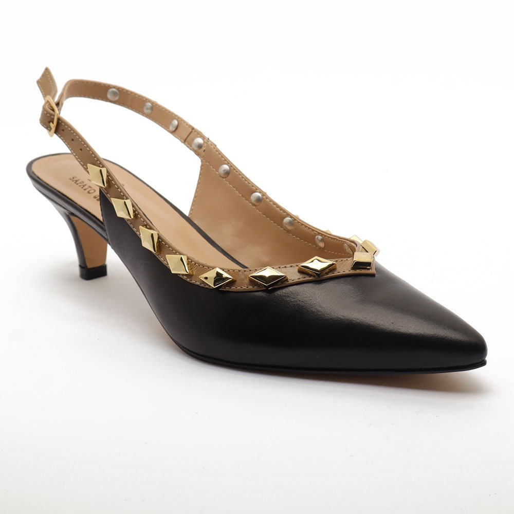 Slingback Sapato Da Corte Couro Salto Fino Baixo Tachas Preto 2