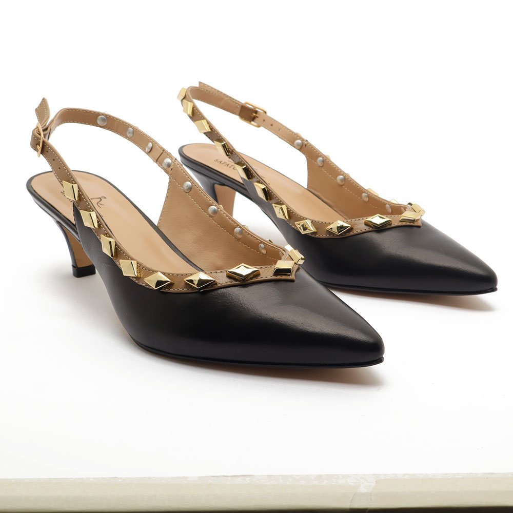 Slingback Sapato Da Corte Couro Salto Fino Baixo Tachas Preto 3