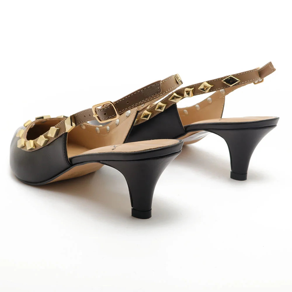 Slingback Sapato Da Corte Couro Salto Fino Baixo Tachas Preto 4