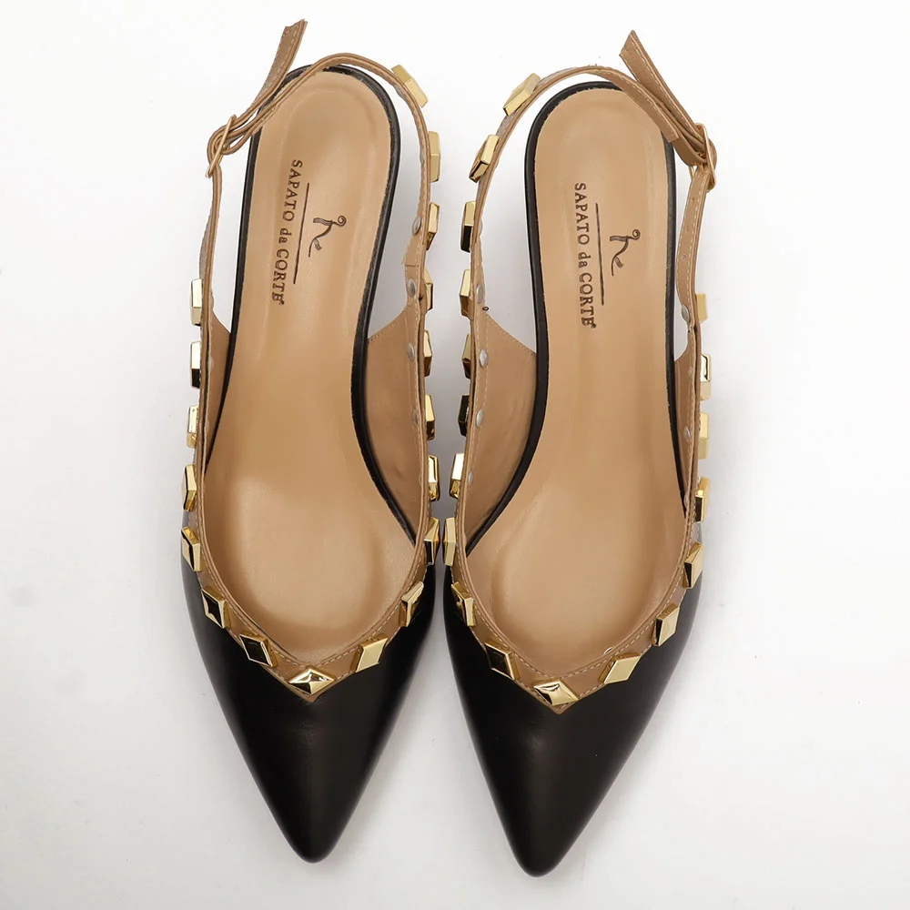 Slingback Sapato Da Corte Couro Salto Fino Baixo Tachas Preto 5