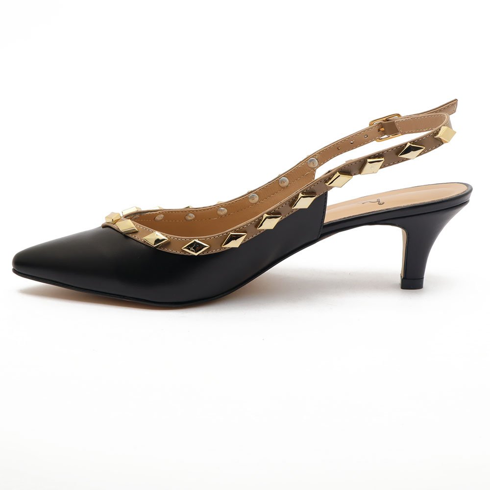 Slingback Sapato Da Corte Couro Salto Fino Baixo Tachas Preto 6