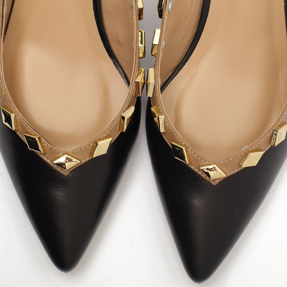 Slingback Sapato Da Corte Couro Salto Fino Baixo Tachas Preto 8