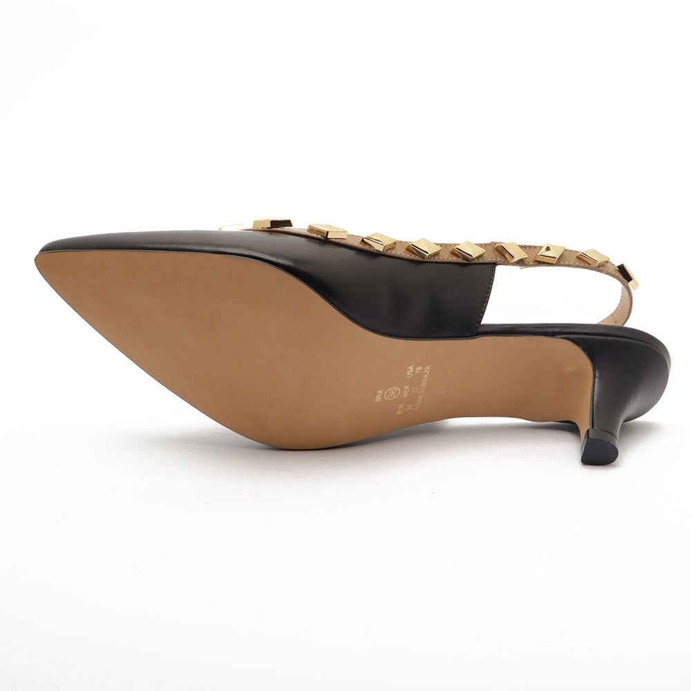 Slingback Sapato Da Corte Couro Salto Fino Baixo Tachas Preto 9