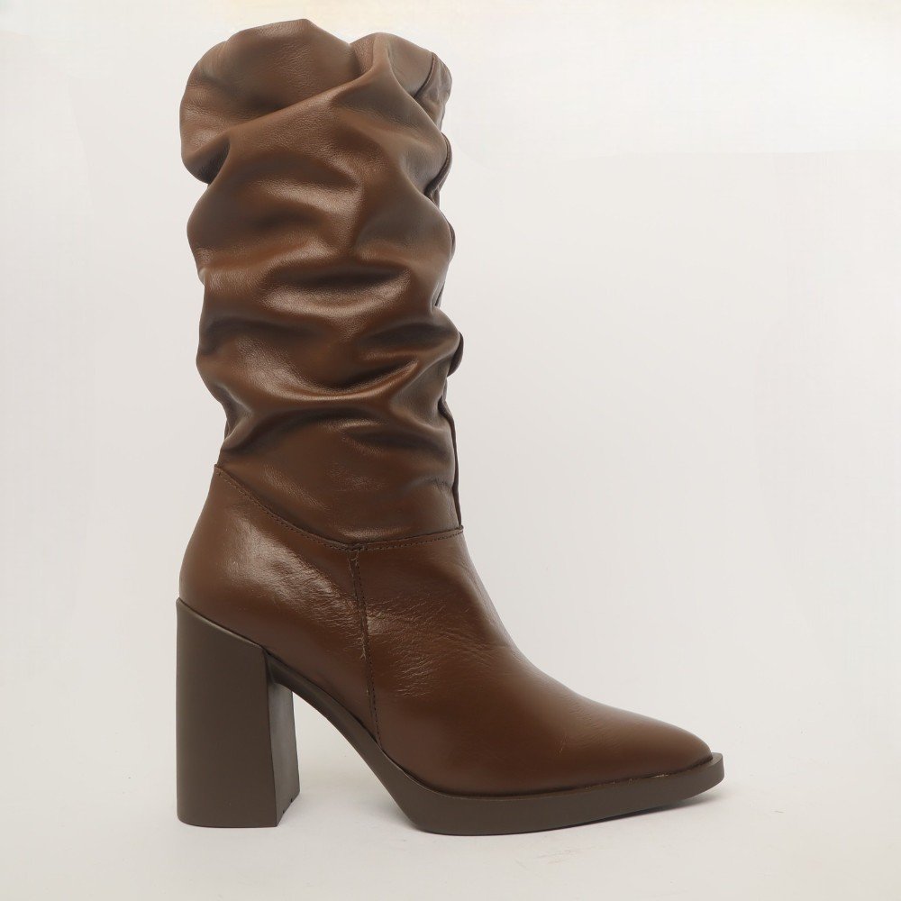 Bota Feminina Sapato Da Corte Salto Alto Bloco Cano Médio Franzido