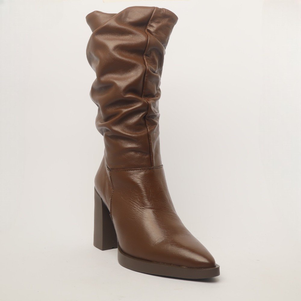 Bota Feminina Sapato Da Corte Salto Alto Bloco Cano Médio Franzido Chocolate 2