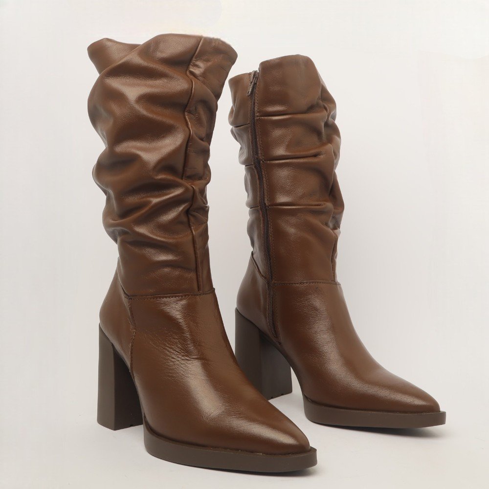Bota Feminina Sapato Da Corte Salto Alto Bloco Cano Médio Franzido Chocolate 3