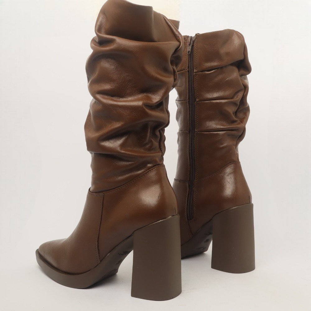 Bota Feminina Sapato Da Corte Salto Alto Bloco Cano Médio Franzido Chocolate 4