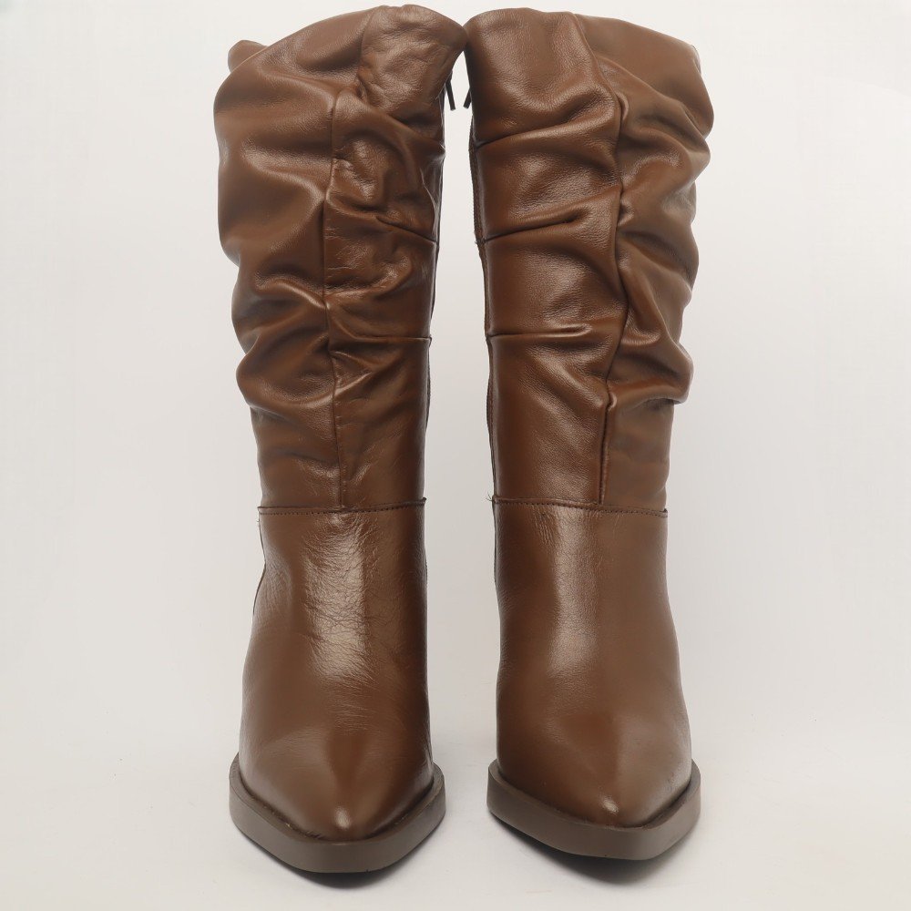 Bota Feminina Sapato Da Corte Salto Alto Bloco Cano Médio Franzido Chocolate 5
