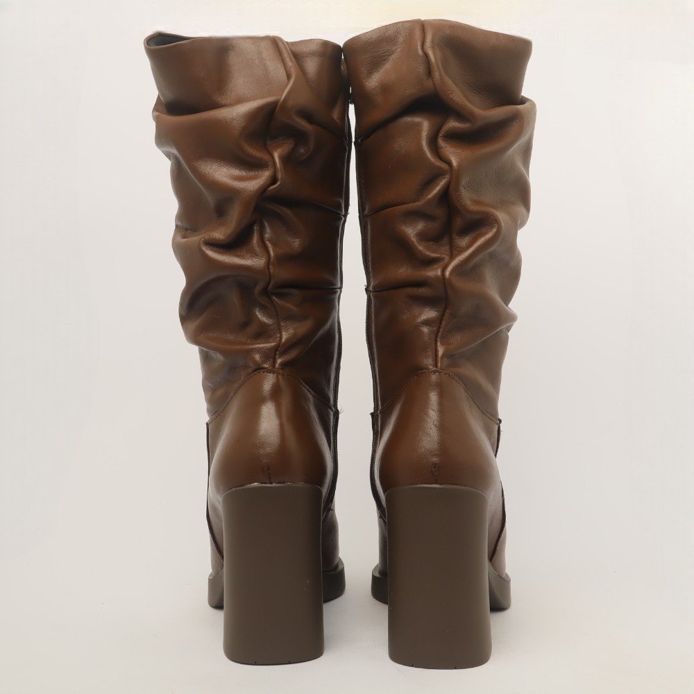 Bota Feminina Sapato Da Corte Salto Alto Bloco Cano Médio Franzido Chocolate 6