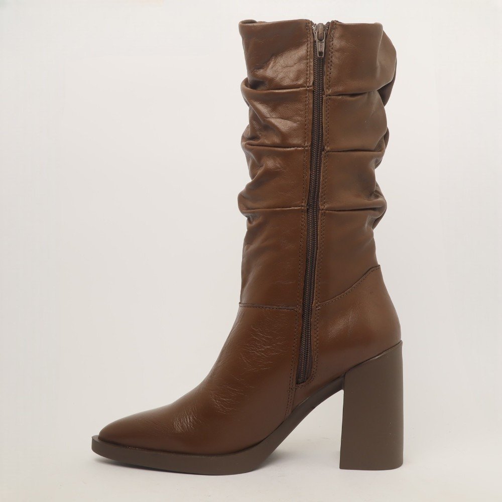 Bota Feminina Sapato Da Corte Salto Alto Bloco Cano Médio Franzido Chocolate 7