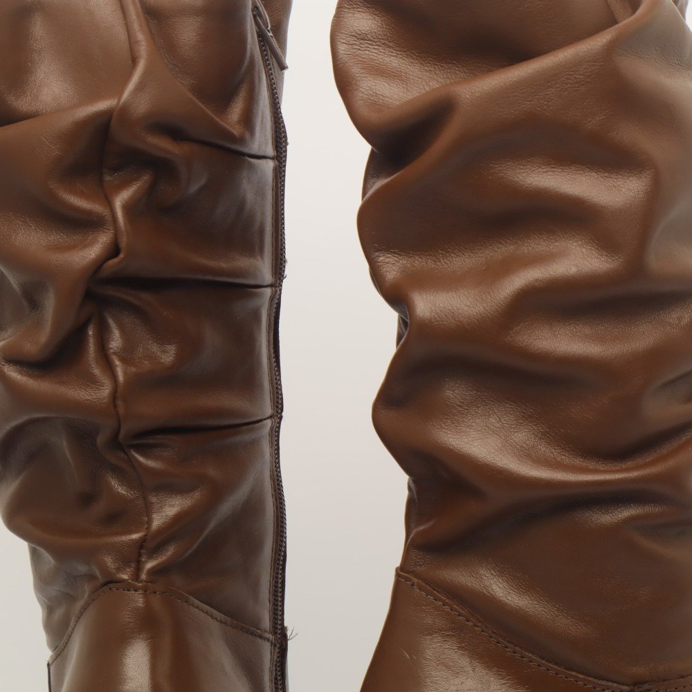 Bota Feminina Sapato Da Corte Salto Alto Bloco Cano Médio Franzido Chocolate 9