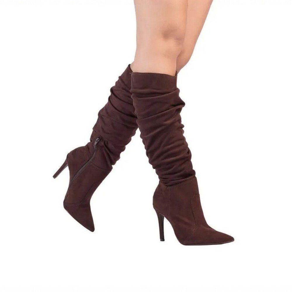 Bota Feminina Sapato Da Corte Salto Alto Fino Cano Franzido Slouch - Produto 58 Marrom 2