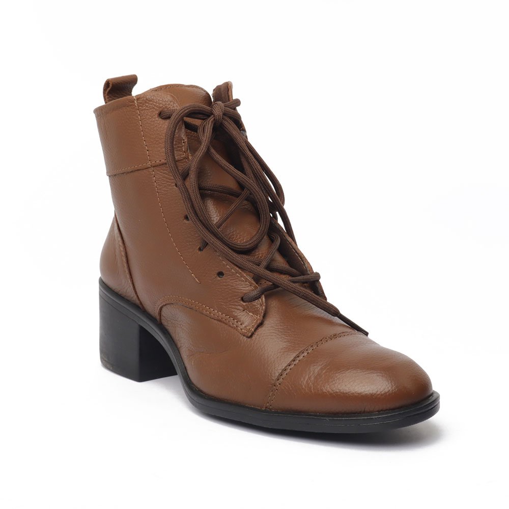 Bota Feminina Belluno Salto Bloco Médio Cadarço Couro -Produto 09 Caramelo 2