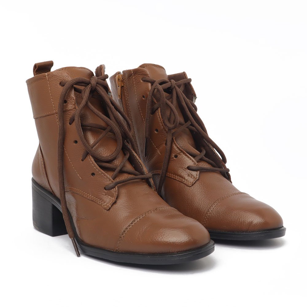 Bota Feminina Belluno Salto Bloco Médio Cadarço Couro -Produto 09 Caramelo 3