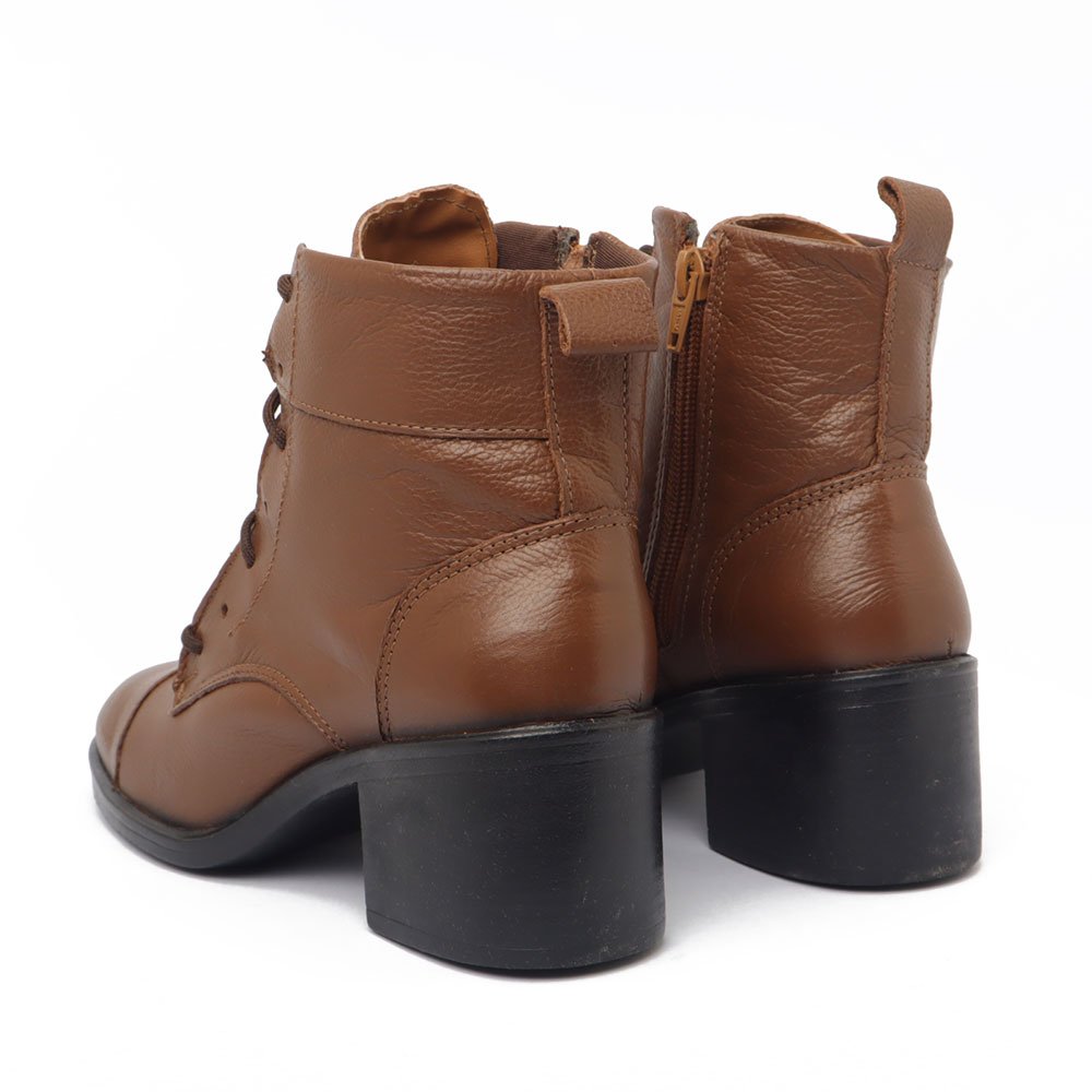 Bota Feminina Belluno Salto Bloco Médio Cadarço Couro -Produto 09 Caramelo 4