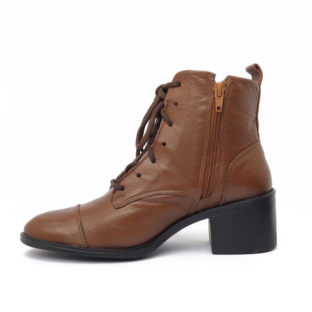 Bota Feminina Belluno Salto Bloco Médio Cadarço Couro -Produto 09 Caramelo 5