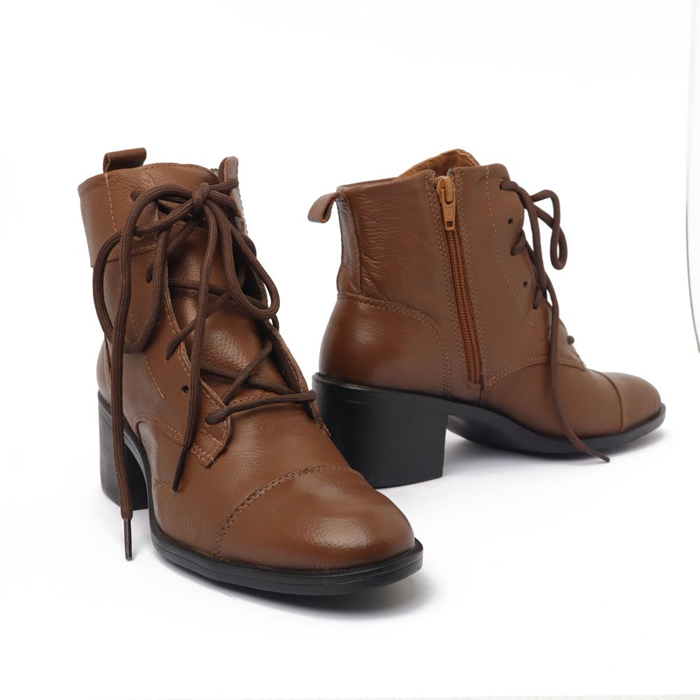 Bota Feminina Belluno Salto Bloco Médio Cadarço Couro -Produto 09 Caramelo 7