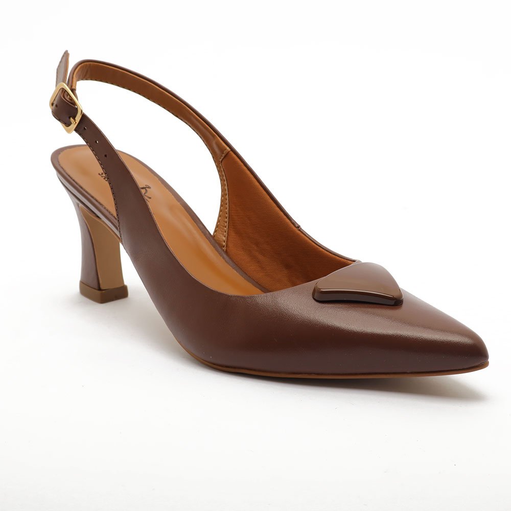 Slingback Sapato Da Corte Couro Salto Médio Detalhe Triângulo Café 2
