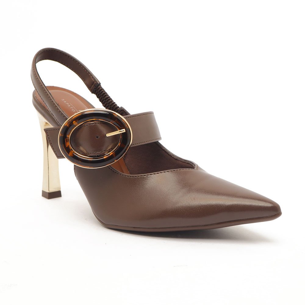 Slingback Feminino Sapato Da Corte Salto Alto Fino Cromado Fivela Café 2