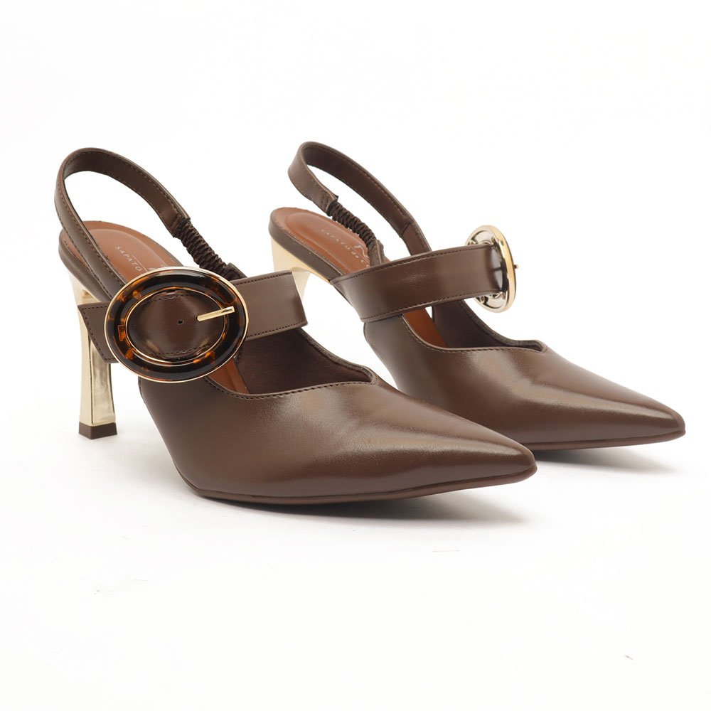 Slingback Feminino Sapato Da Corte Salto Alto Fino Cromado Fivela Café 3