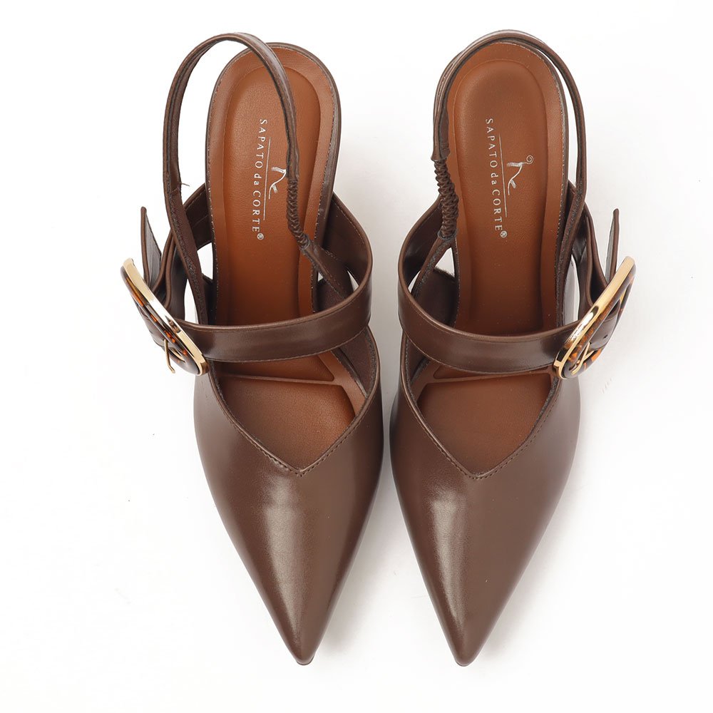 Slingback Feminino Sapato Da Corte Salto Alto Fino Cromado Fivela Café 5