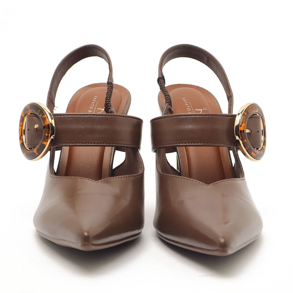 Slingback Feminino Sapato Da Corte Salto Alto Fino Cromado Fivela Café 7