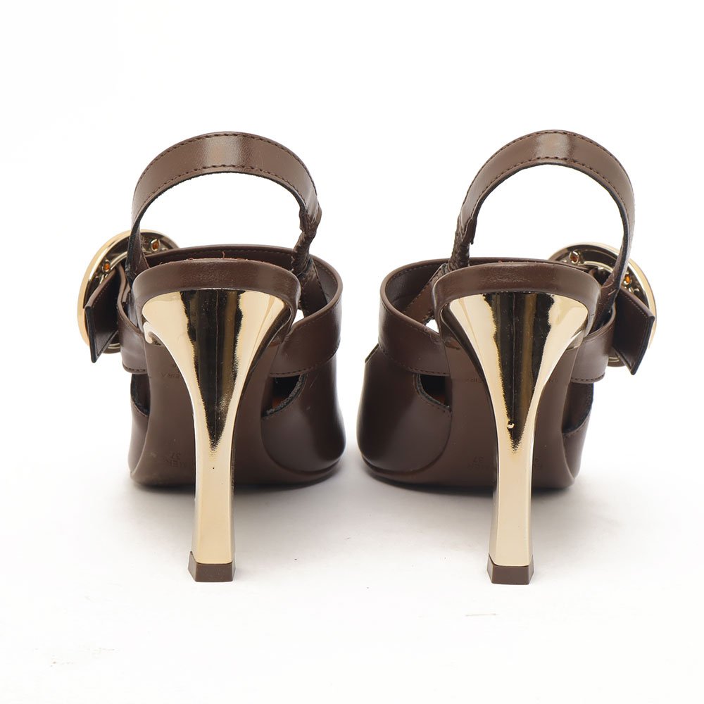 Slingback Feminino Sapato Da Corte Salto Alto Fino Cromado Fivela Café 8