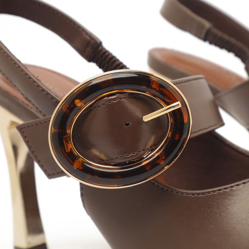Slingback Feminino Sapato Da Corte Salto Alto Fino Cromado Fivela Café 9