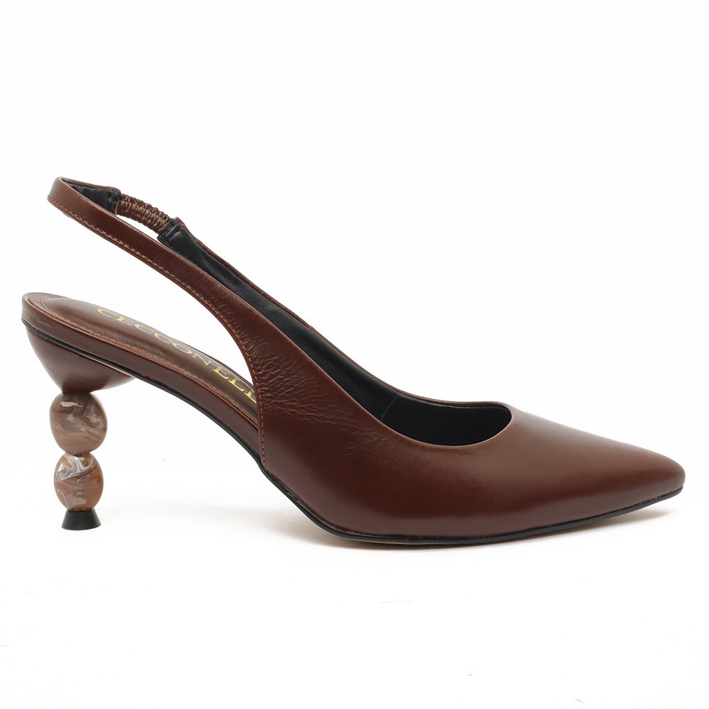 Slingback Cecconello Couro Salto Alto Pedras Bico Fino