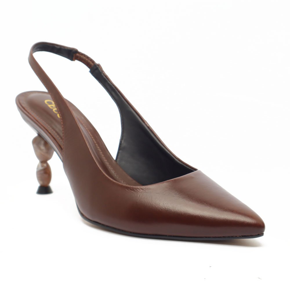 Slingback Cecconello Couro Salto Alto Pedras Bico Fino Marrom 2