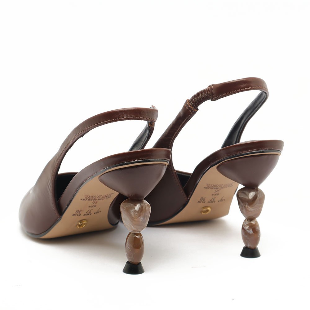 Slingback Cecconello Couro Salto Alto Pedras Bico Fino Marrom 4