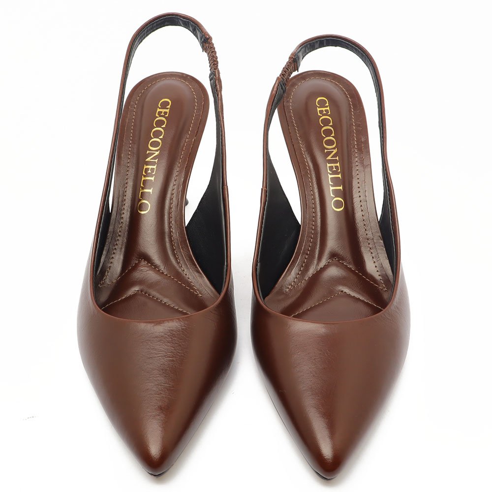 Slingback Cecconello Couro Salto Alto Pedras Bico Fino Marrom 5