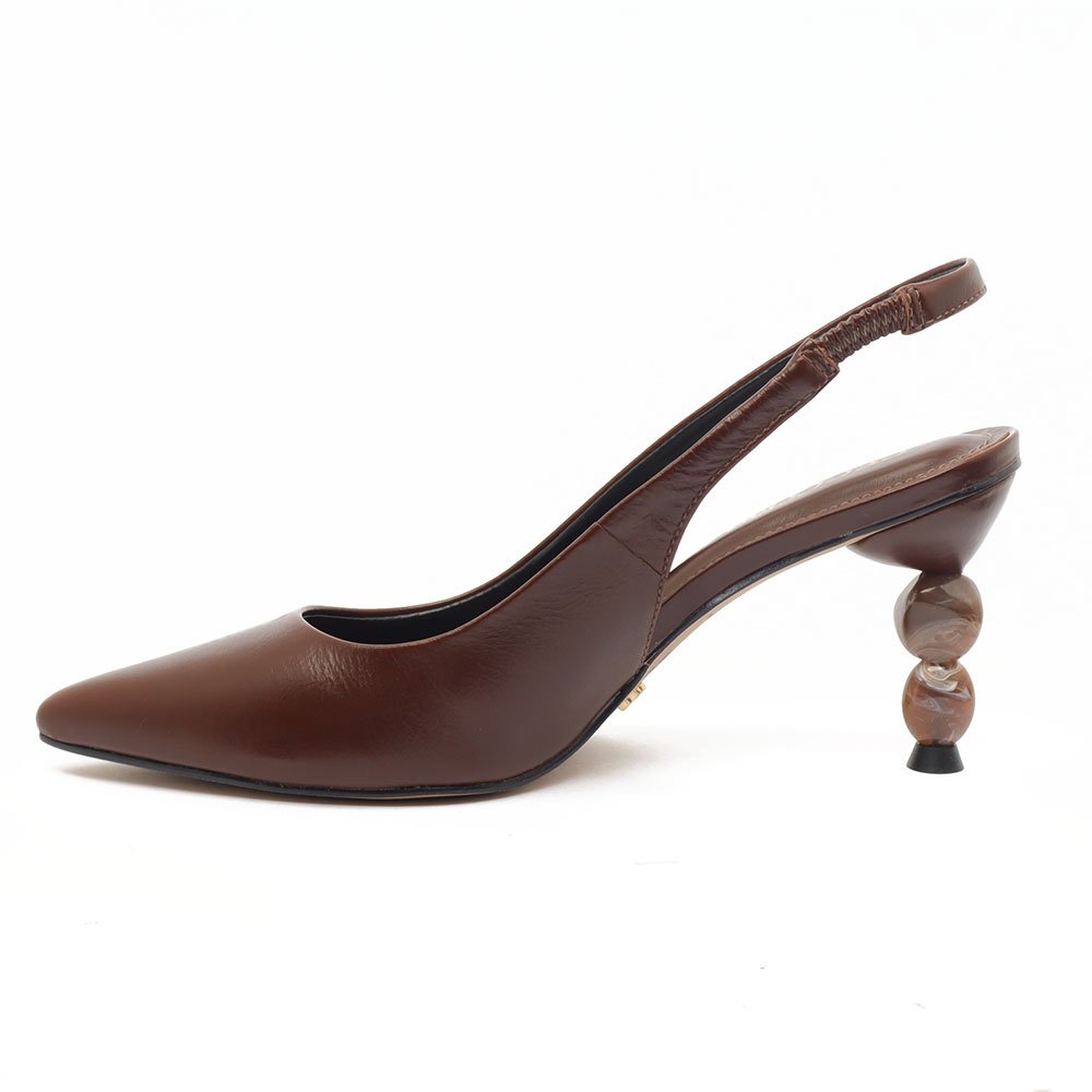 Slingback Cecconello Couro Salto Alto Pedras Bico Fino Marrom 6