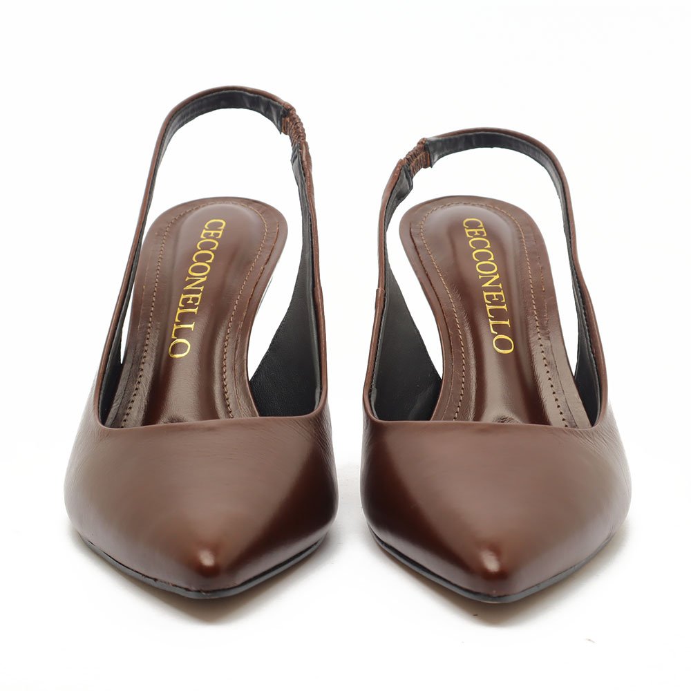 Slingback Cecconello Couro Salto Alto Pedras Bico Fino Marrom 7