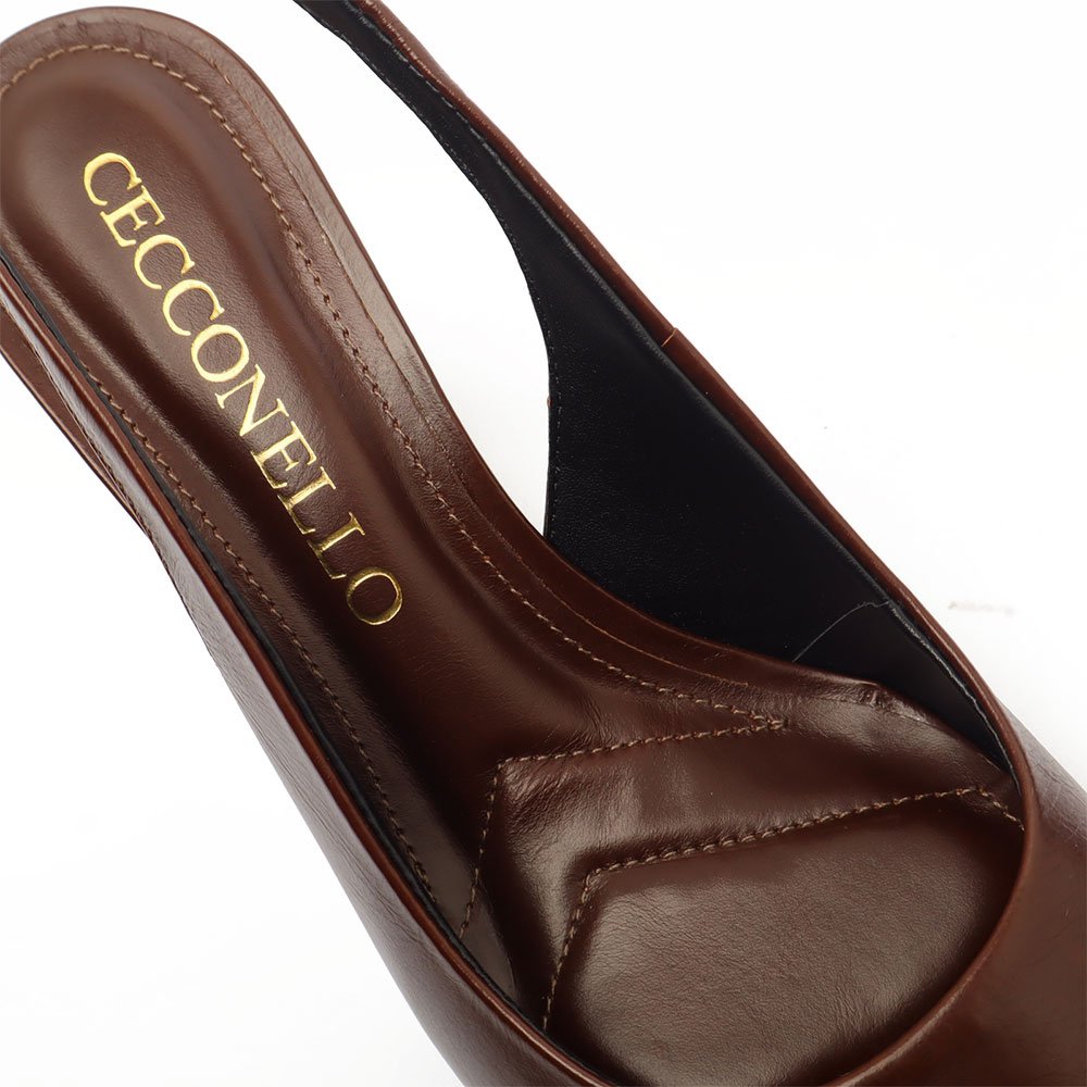 Slingback Cecconello Couro Salto Alto Pedras Bico Fino Marrom 8