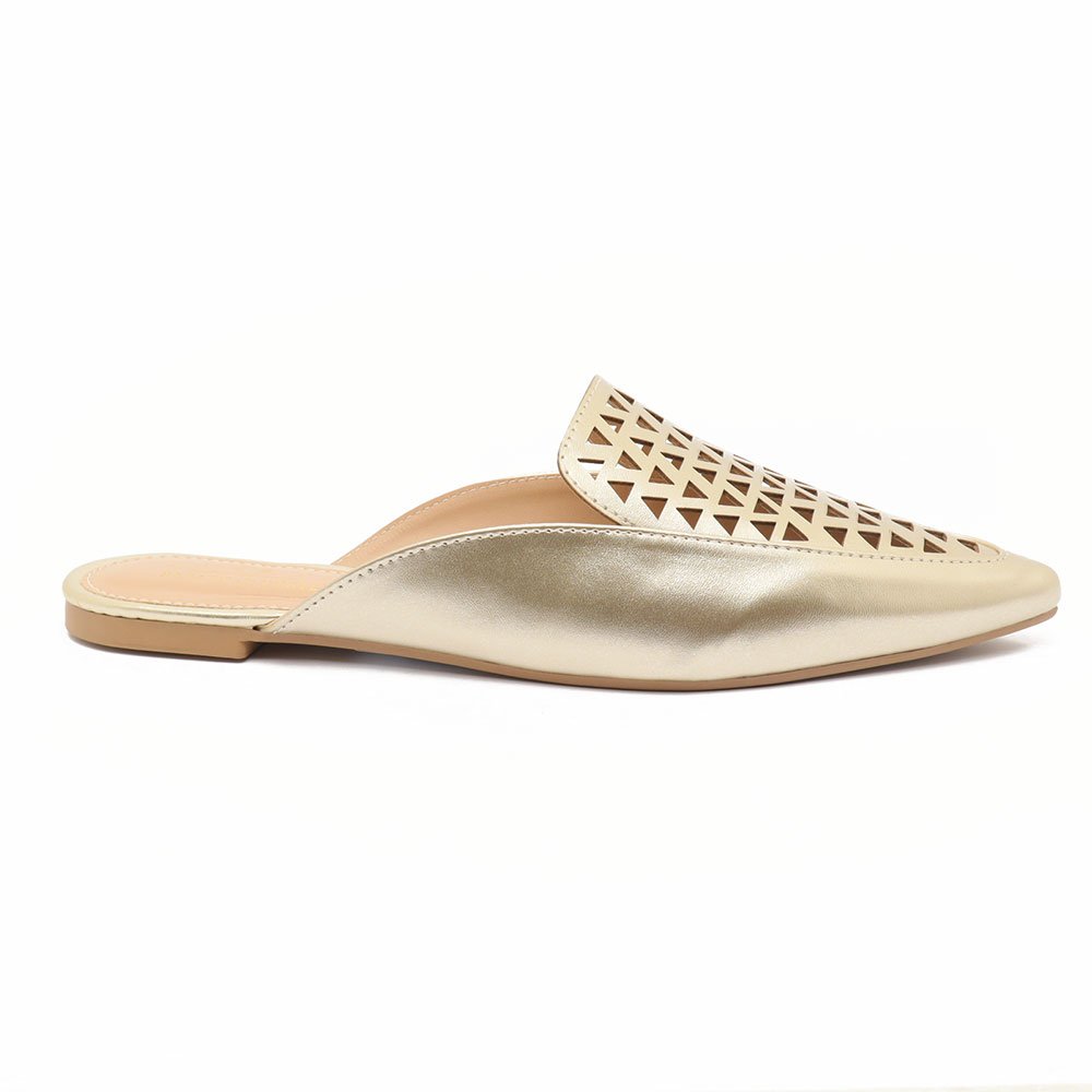 Mule Sapato Da Corte Flat Bico Fino Vazado Dourado 8
