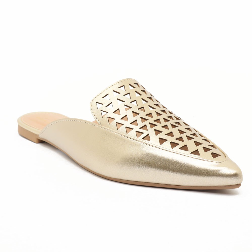 Mule Sapato Da Corte Flat Bico Fino Vazado Dourado 9
