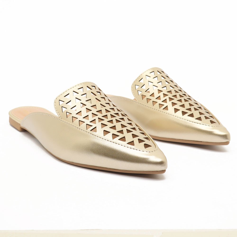 Mule Sapato Da Corte Flat Bico Fino Vazado Dourado 10