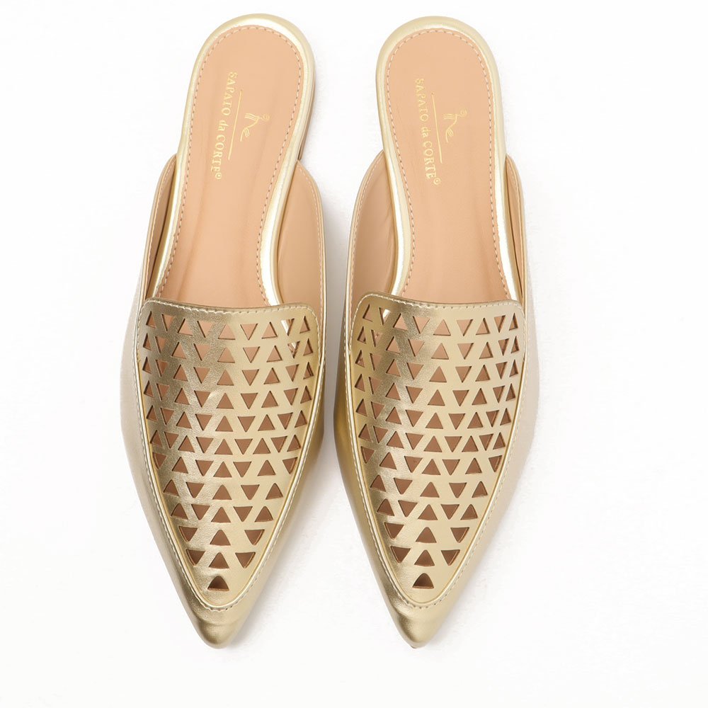 Mule Sapato Da Corte Flat Bico Fino Vazado Dourado 2