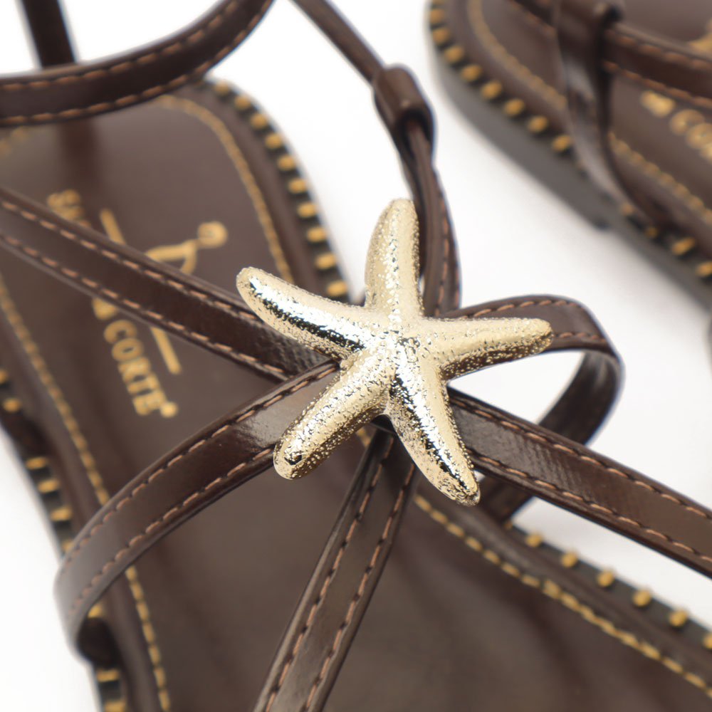 Sandália Flat Sapato Da Corte Vira Zíper Estrela Do Mar Café 9