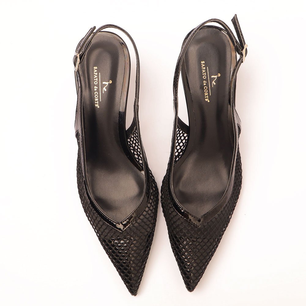 Scarpin Slingback Sapato da Corte Salto Médio Tela Preto 5