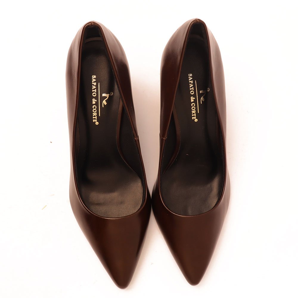 Scarpin Sapato da Corte Salto Bloco Alto Bico Fino Café 5
