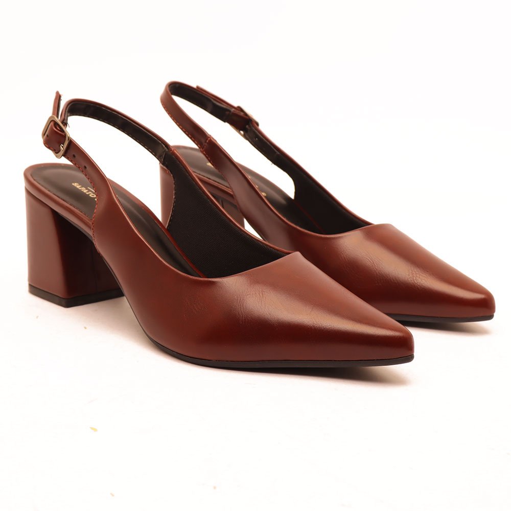 Scarpin Sapato da Corte Slingback Salto Bloco Médio Marrom 3