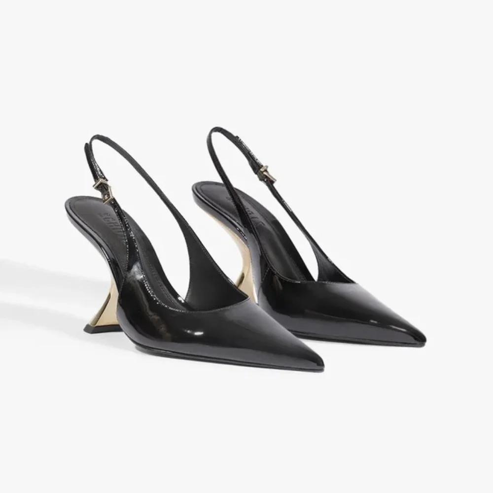 Slingback Schutz Eleanor Salto Alto Cromado Couro Preto 2