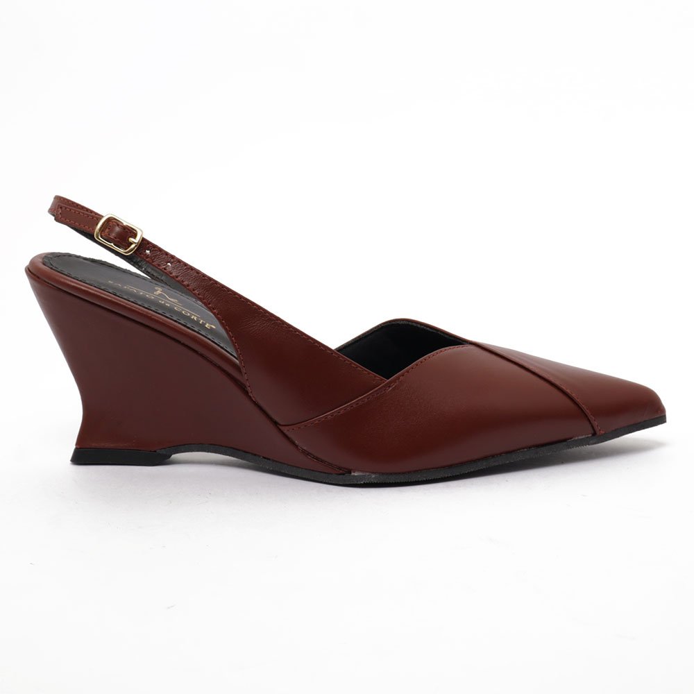 Slingback Sapato Da Corte Salto Anabela Alto Bico Alongado Couro