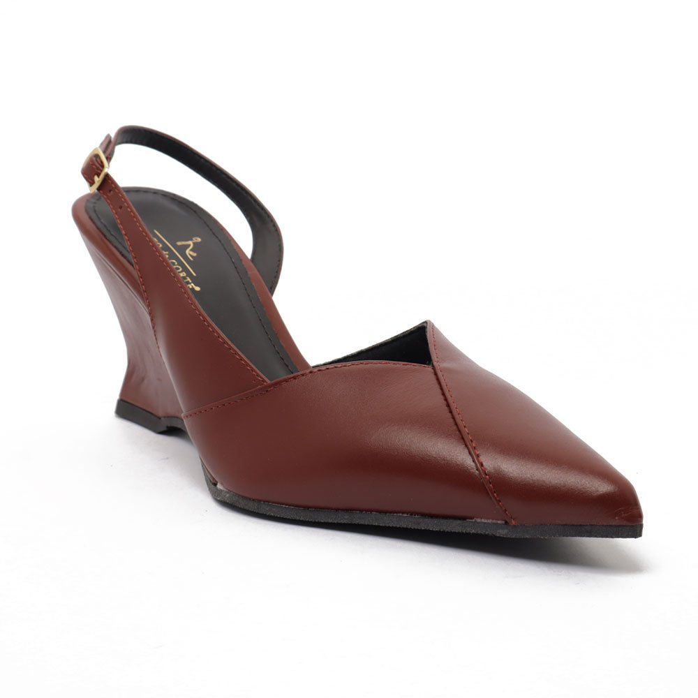 Slingback Sapato Da Corte Salto Anabela Alto Bico Alongado Couro Marrom 2